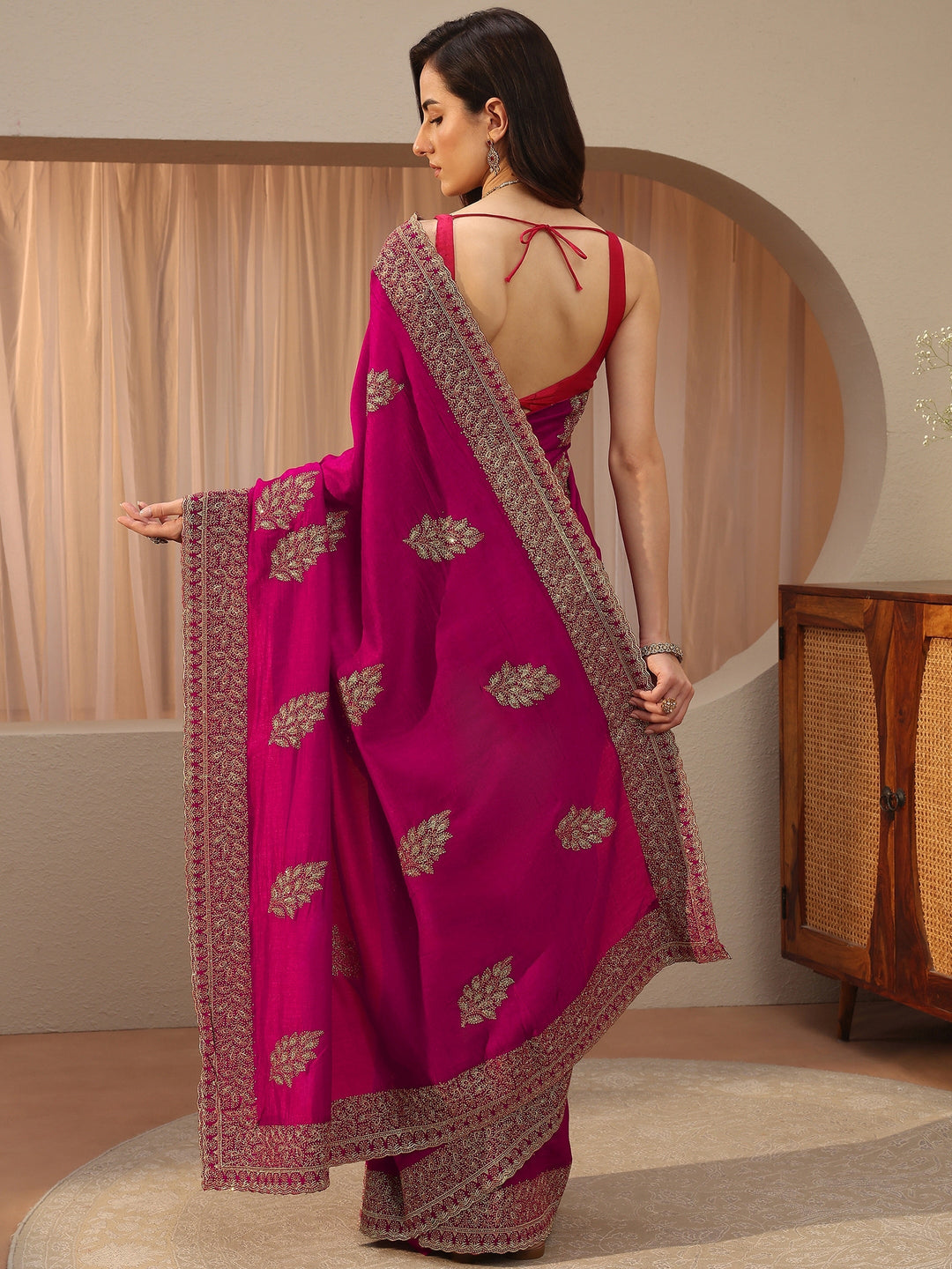 Rani Pink Floral Embroidered Silk Blend Saree