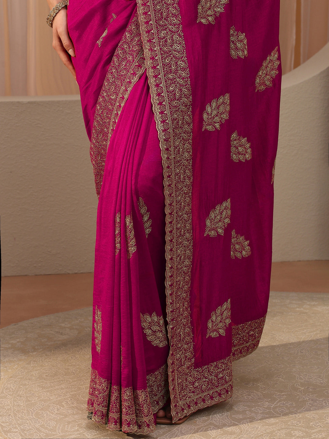 Rani Pink Floral Embroidered Silk Blend Saree