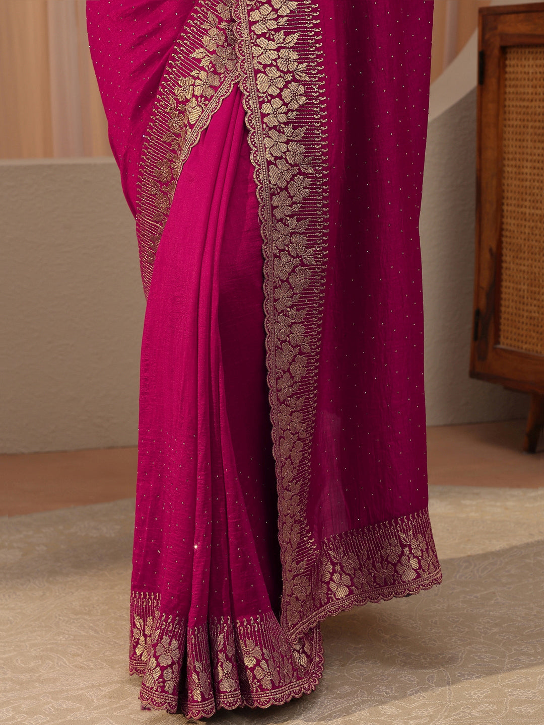 Rani Pink Embellished Silk Blend Saree