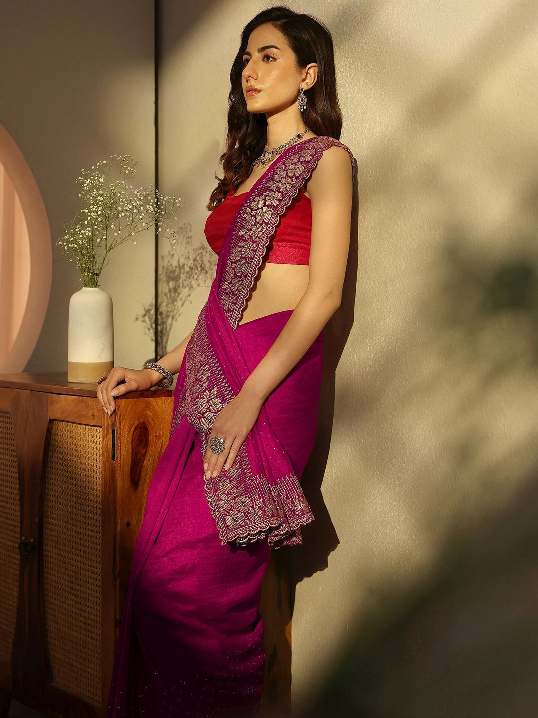 Rani Pink Embellished Silk Blend Saree