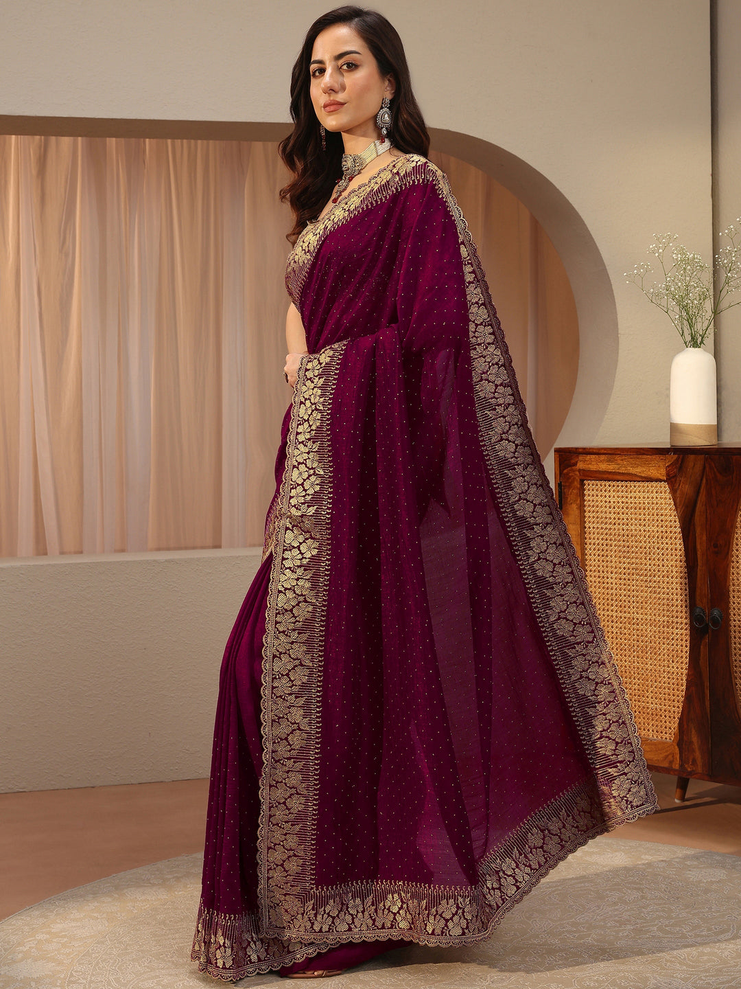 Burgundy Embellished Silk Blend Saree