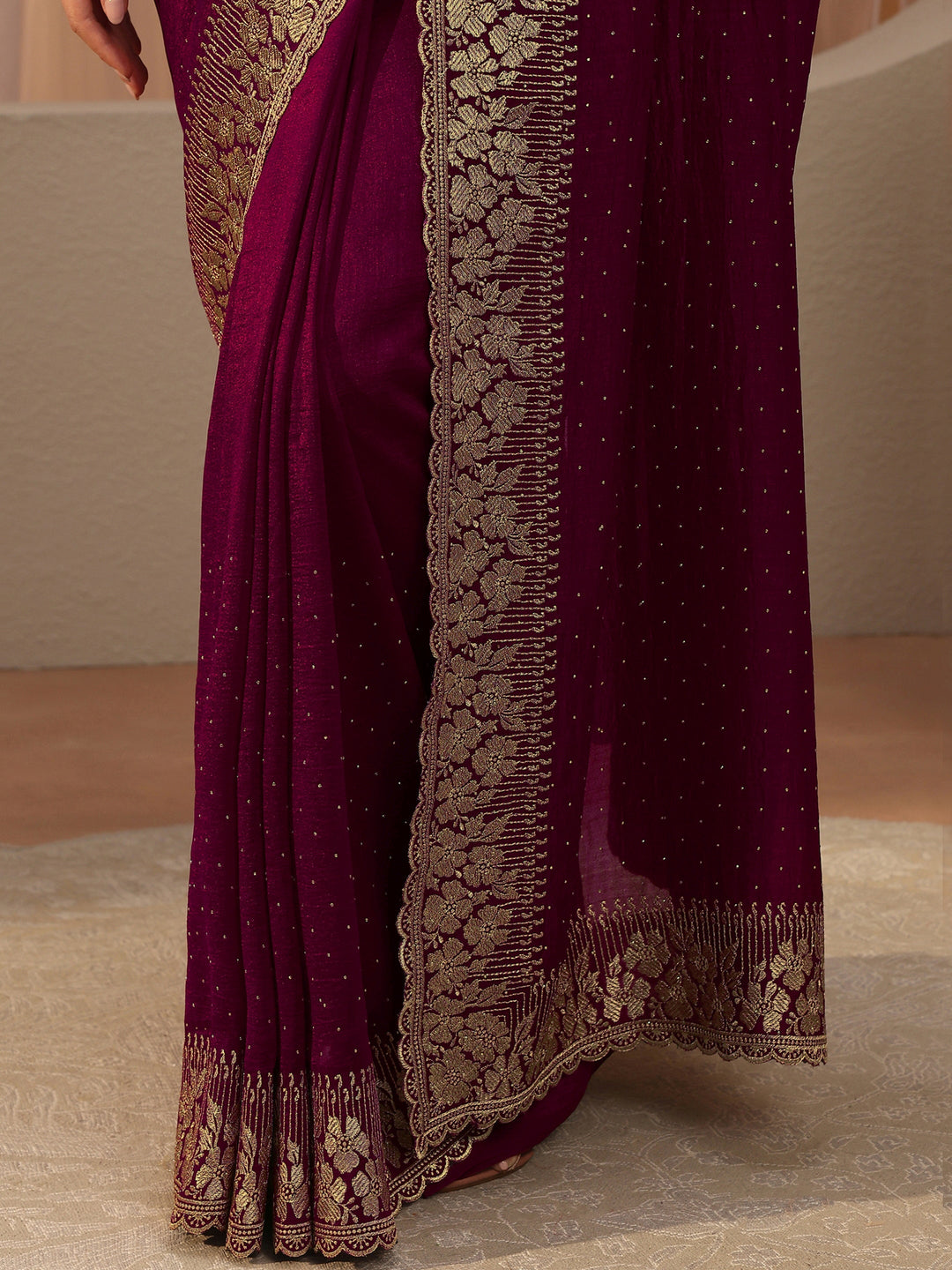 Burgundy Embellished Silk Blend Saree