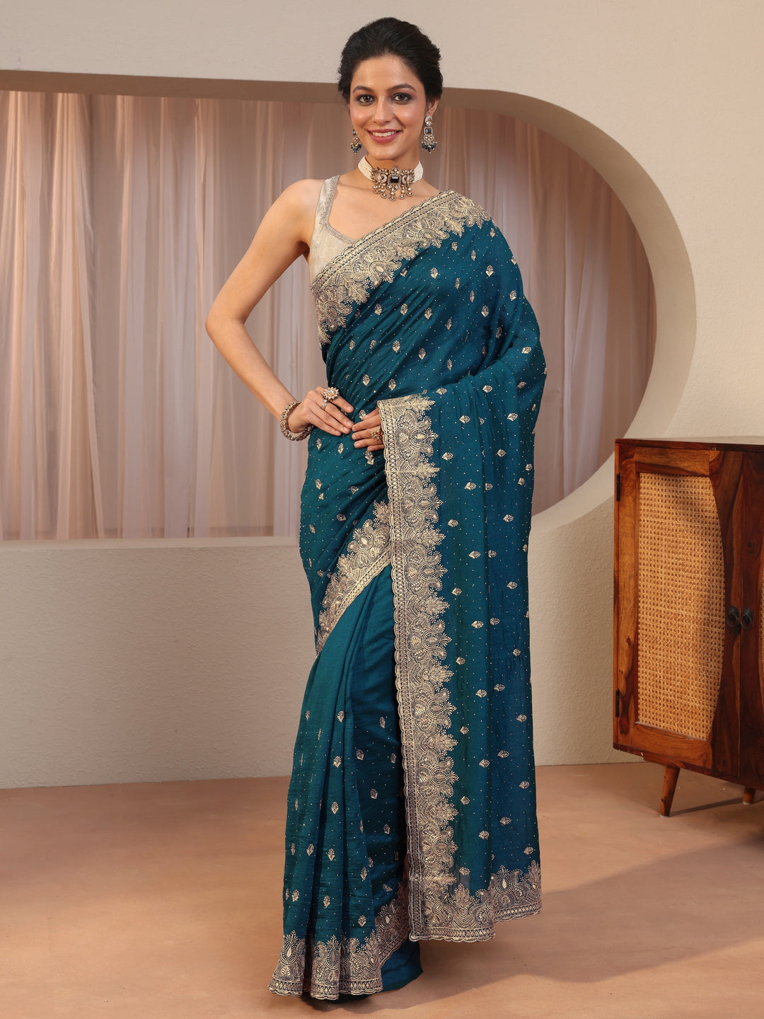 Teal Blue Embroidered Silk Blend Saree