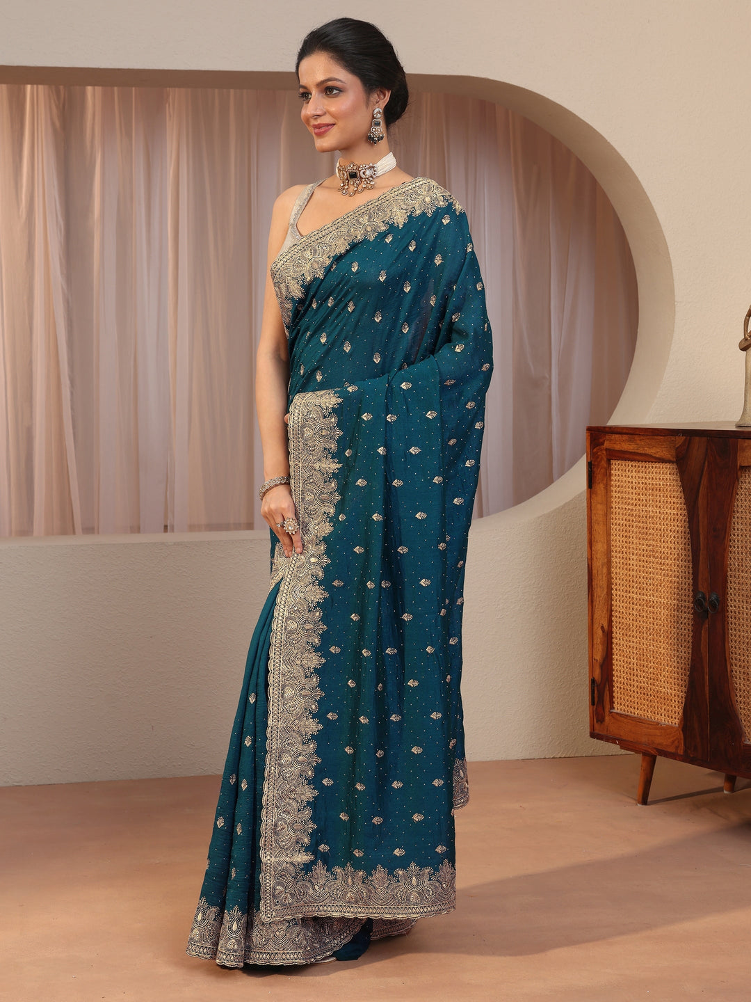 Teal Blue Embroidered Silk Blend Saree