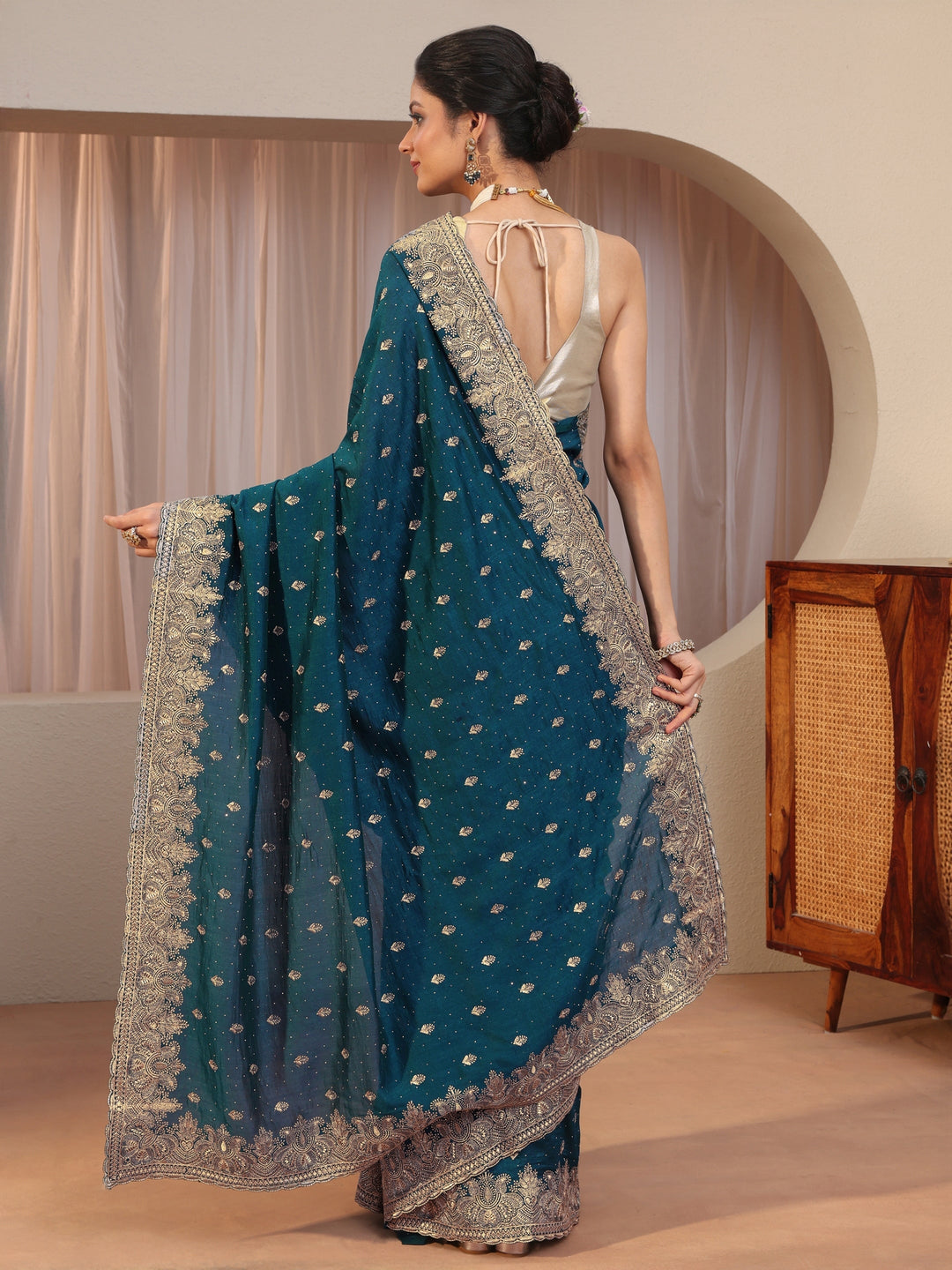 Teal Blue Embroidered Silk Blend Saree