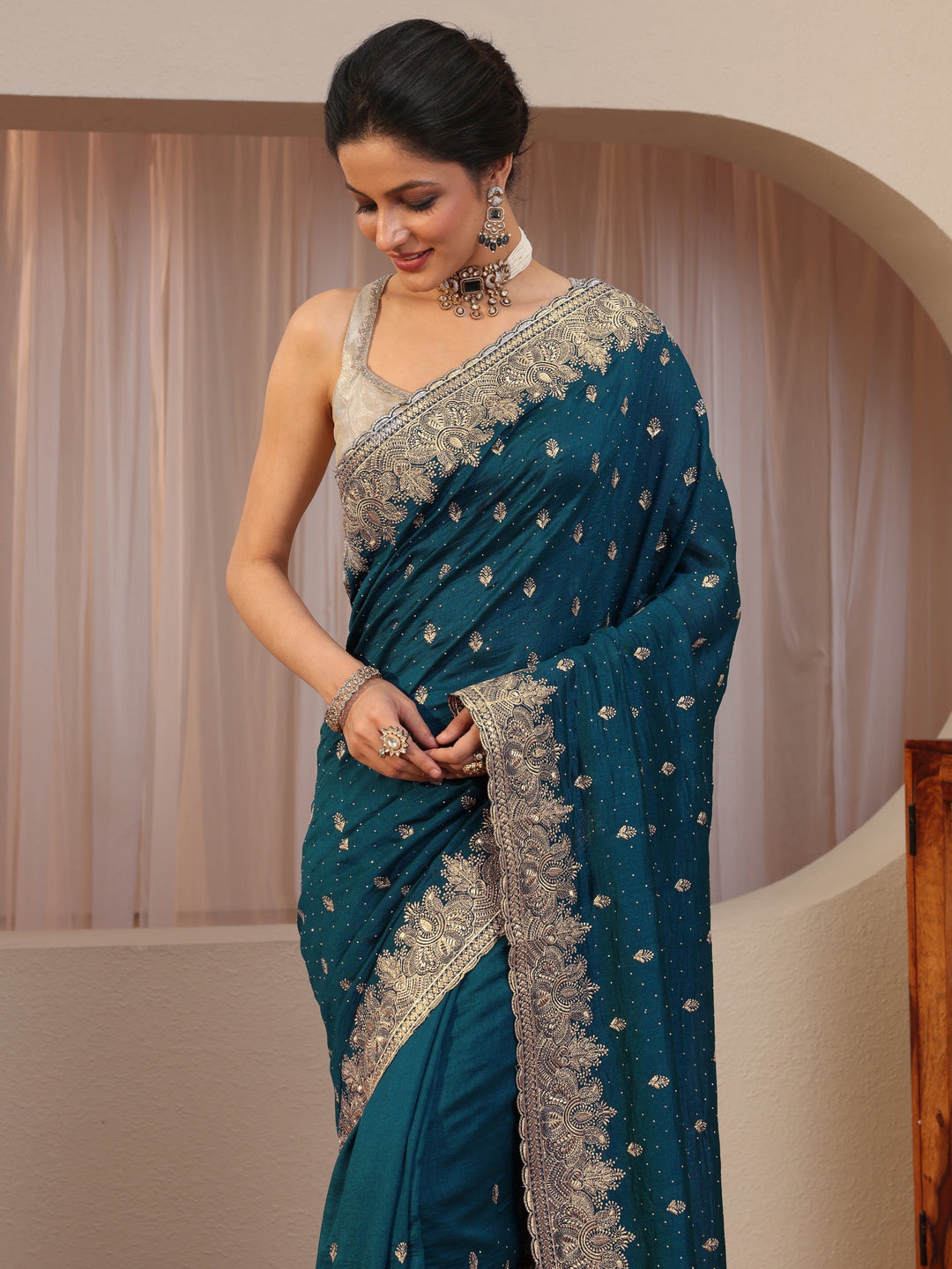 Teal Blue Embroidered Silk Blend Saree