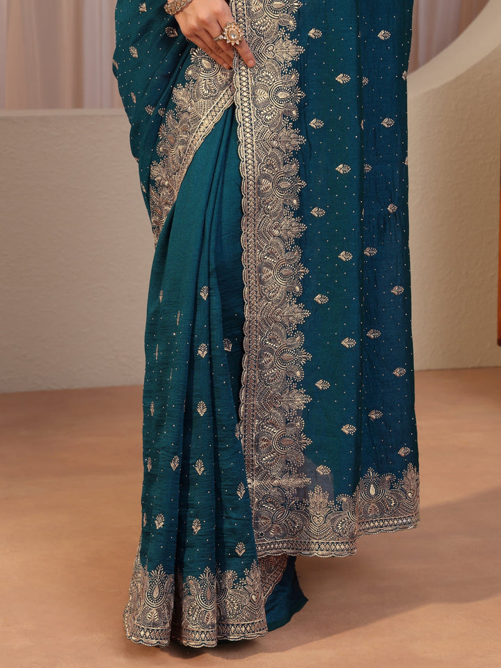Teal Blue Embroidered Silk Blend Saree