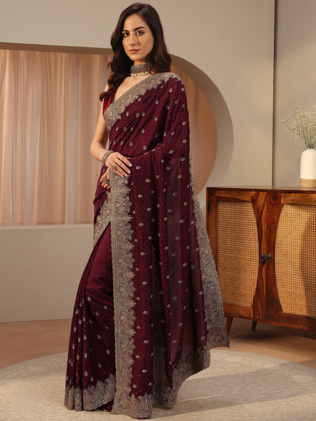 Maroon Ethnic Embroidered Silk Blend Saree