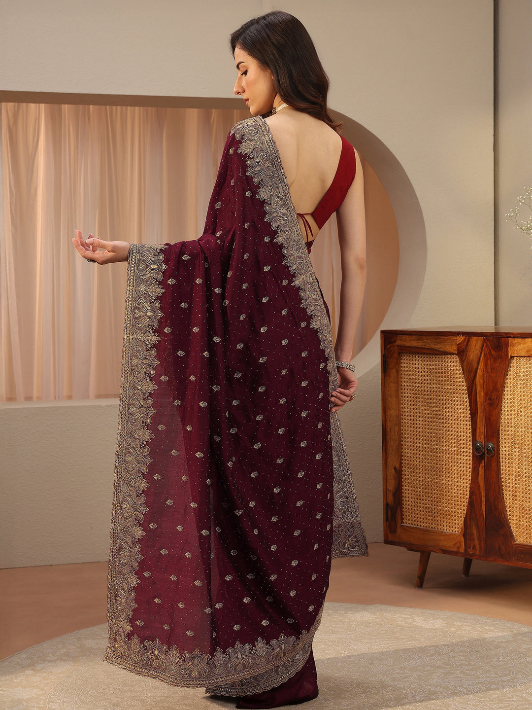 Maroon Ethnic Embroidered Silk Blend Saree