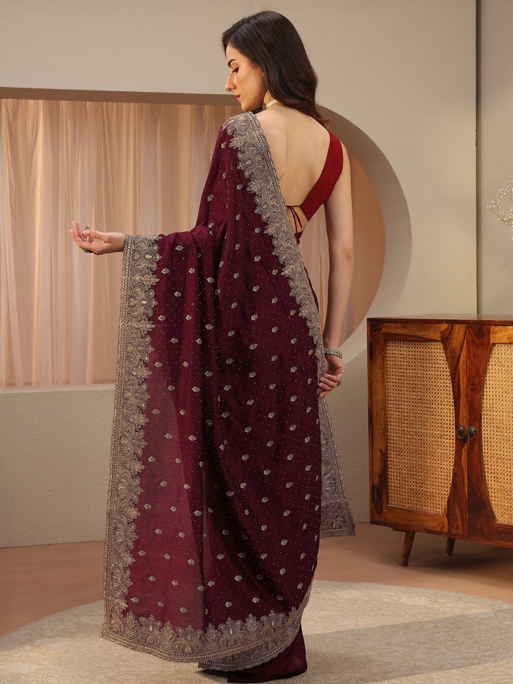 Maroon Ethnic Embroidered Silk Blend Saree