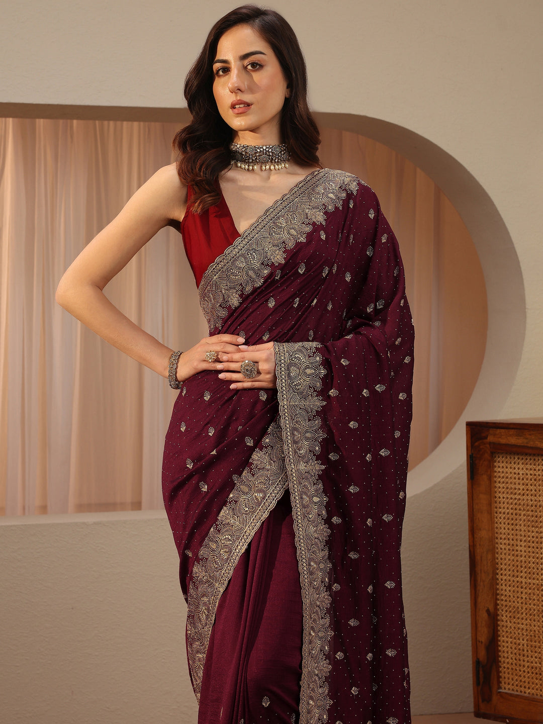 Maroon Ethnic Embroidered Silk Blend Saree