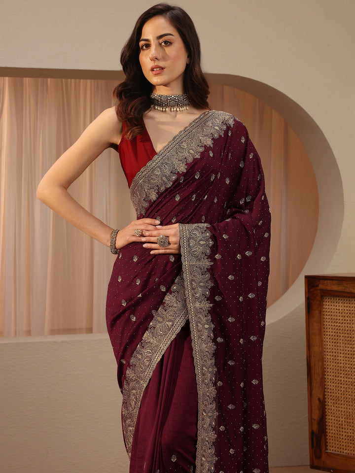 Maroon Ethnic Embroidered Silk Blend Saree