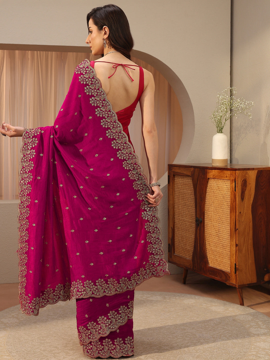 Rani Pink Floral Embroidered Silk Blend Saree