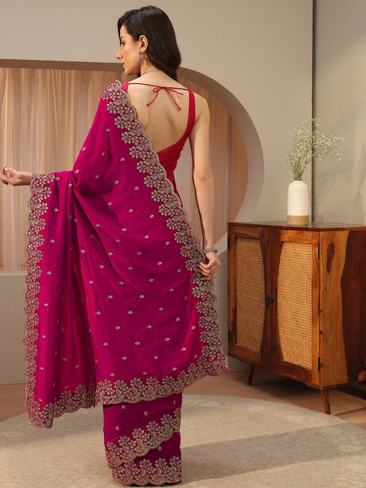 Rani Pink Floral Embroidered Silk Blend Saree