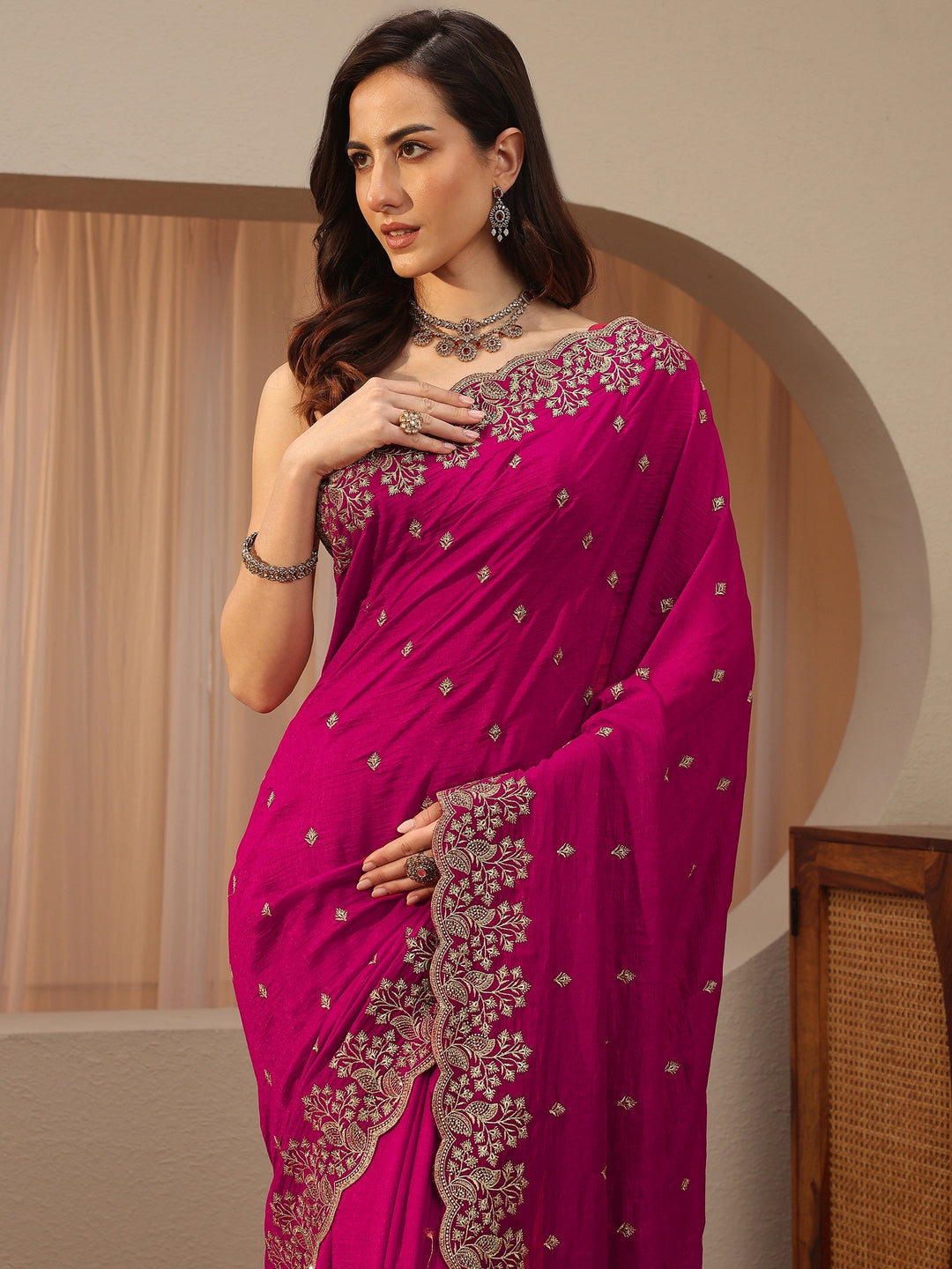 Rani Pink Floral Embroidered Silk Blend Saree