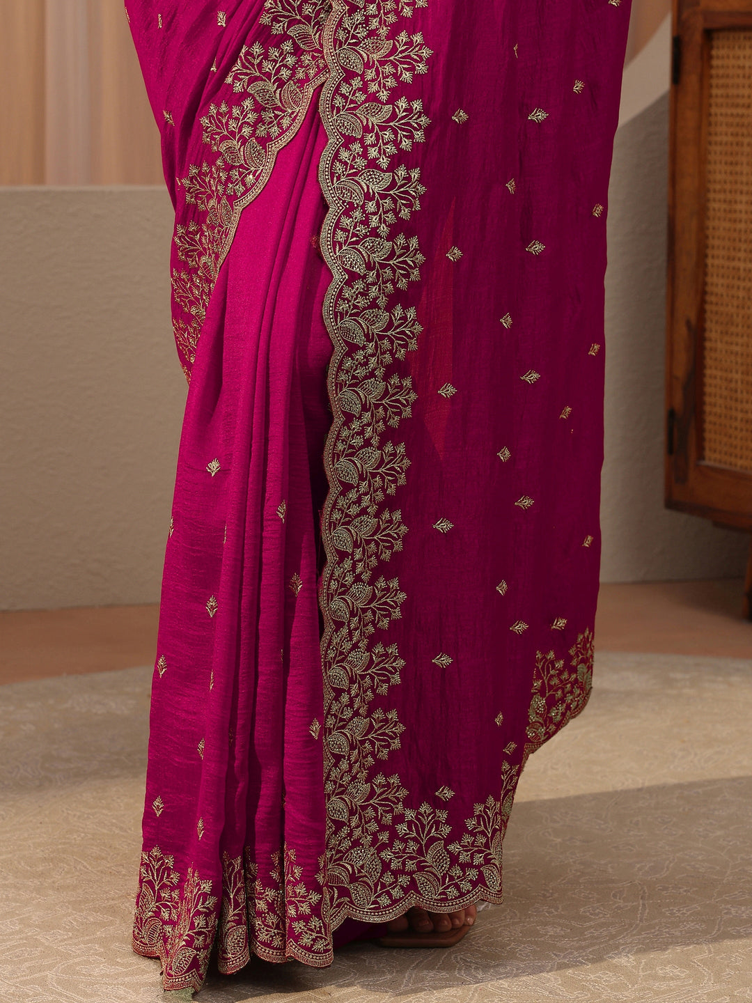 Rani Pink Floral Embroidered Silk Blend Saree