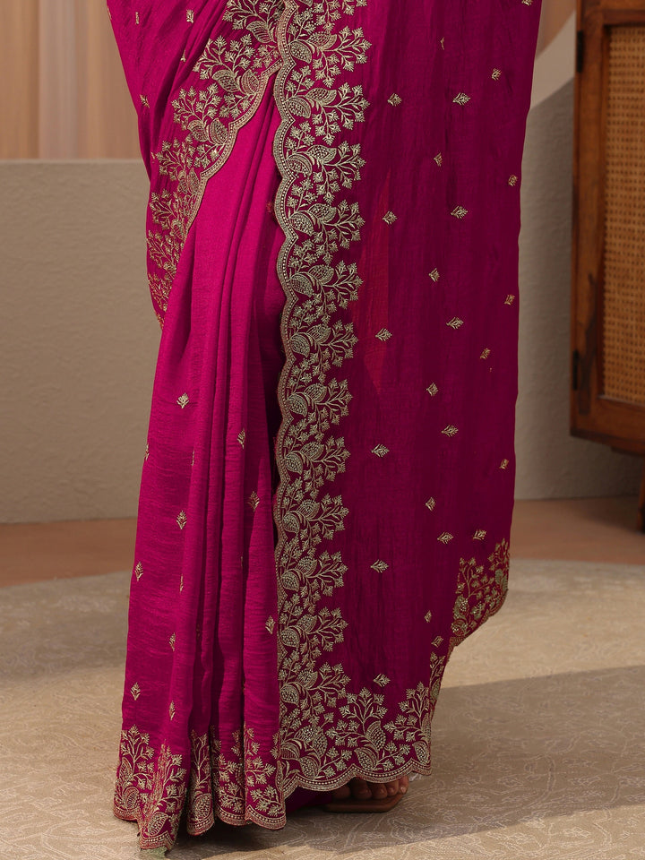 Rani Pink Floral Embroidered Silk Blend Saree