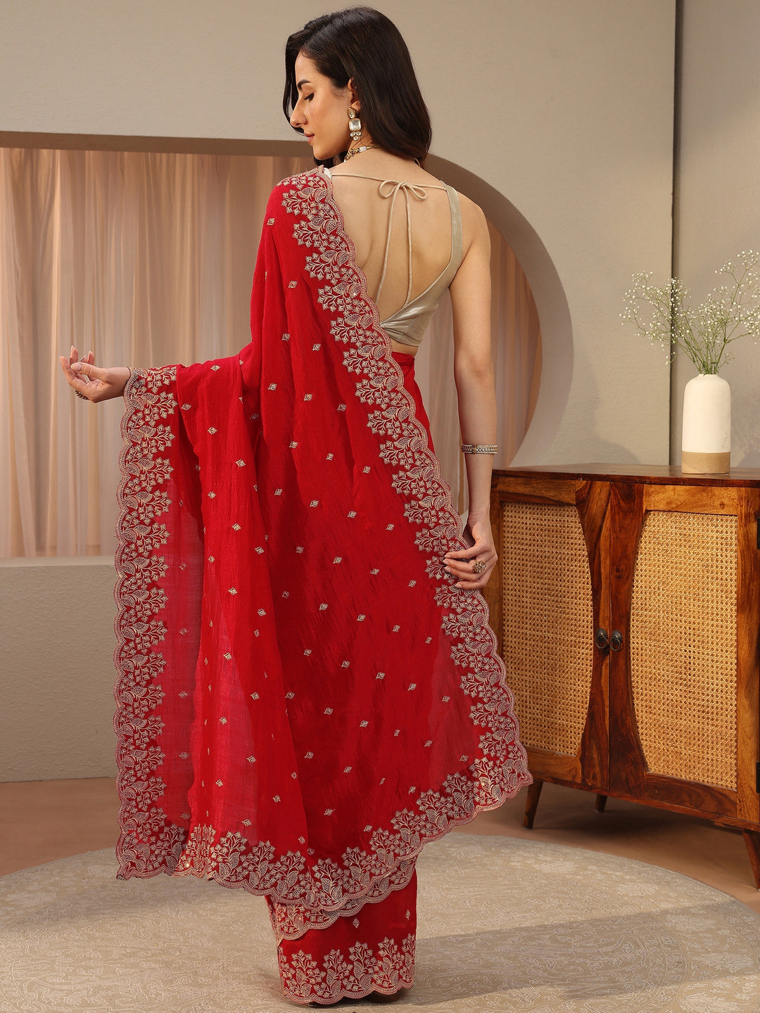 Vermilion Red Floral Embroidered Silk Blend Saree