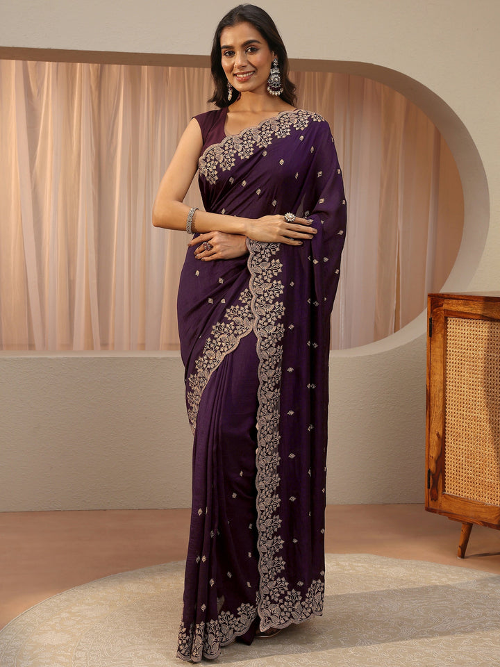 Plum Purple Floral Embroidered Silk Blend Saree