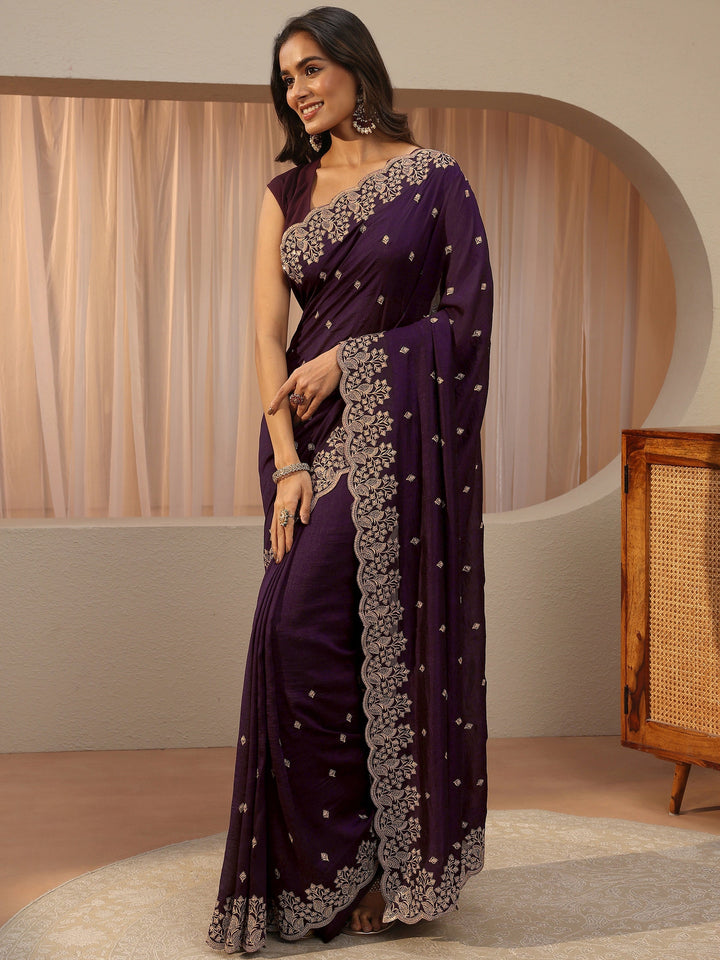 Plum Purple Floral Embroidered Silk Blend Saree