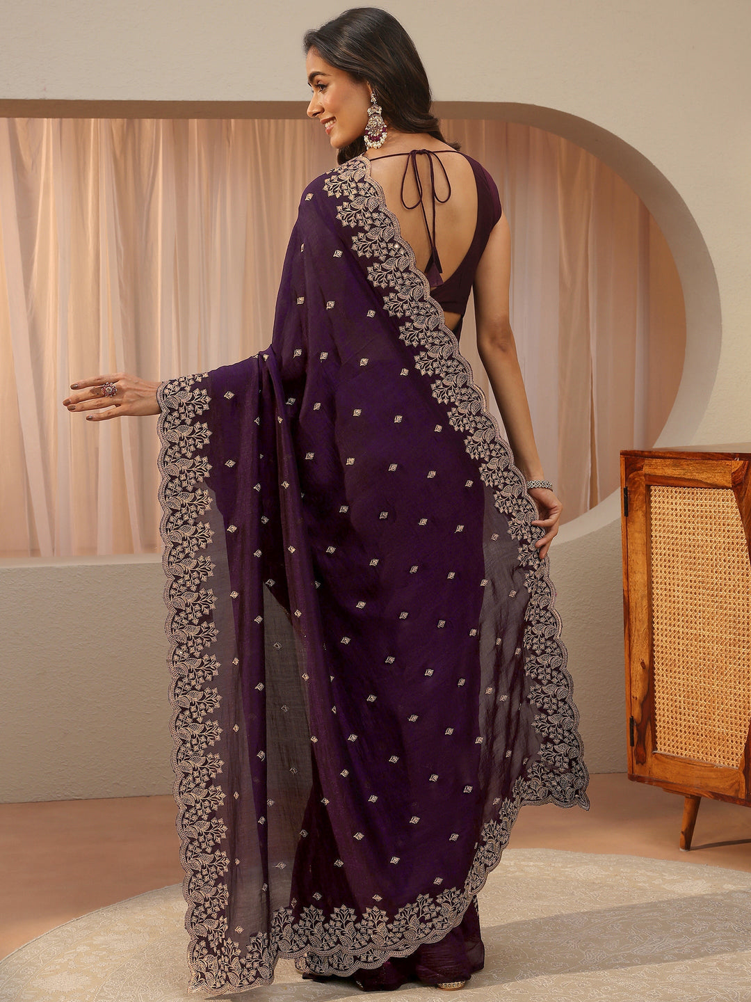 Plum Purple Floral Embroidered Silk Blend Saree