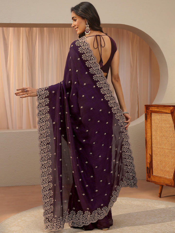 Plum Purple Floral Embroidered Silk Blend Saree