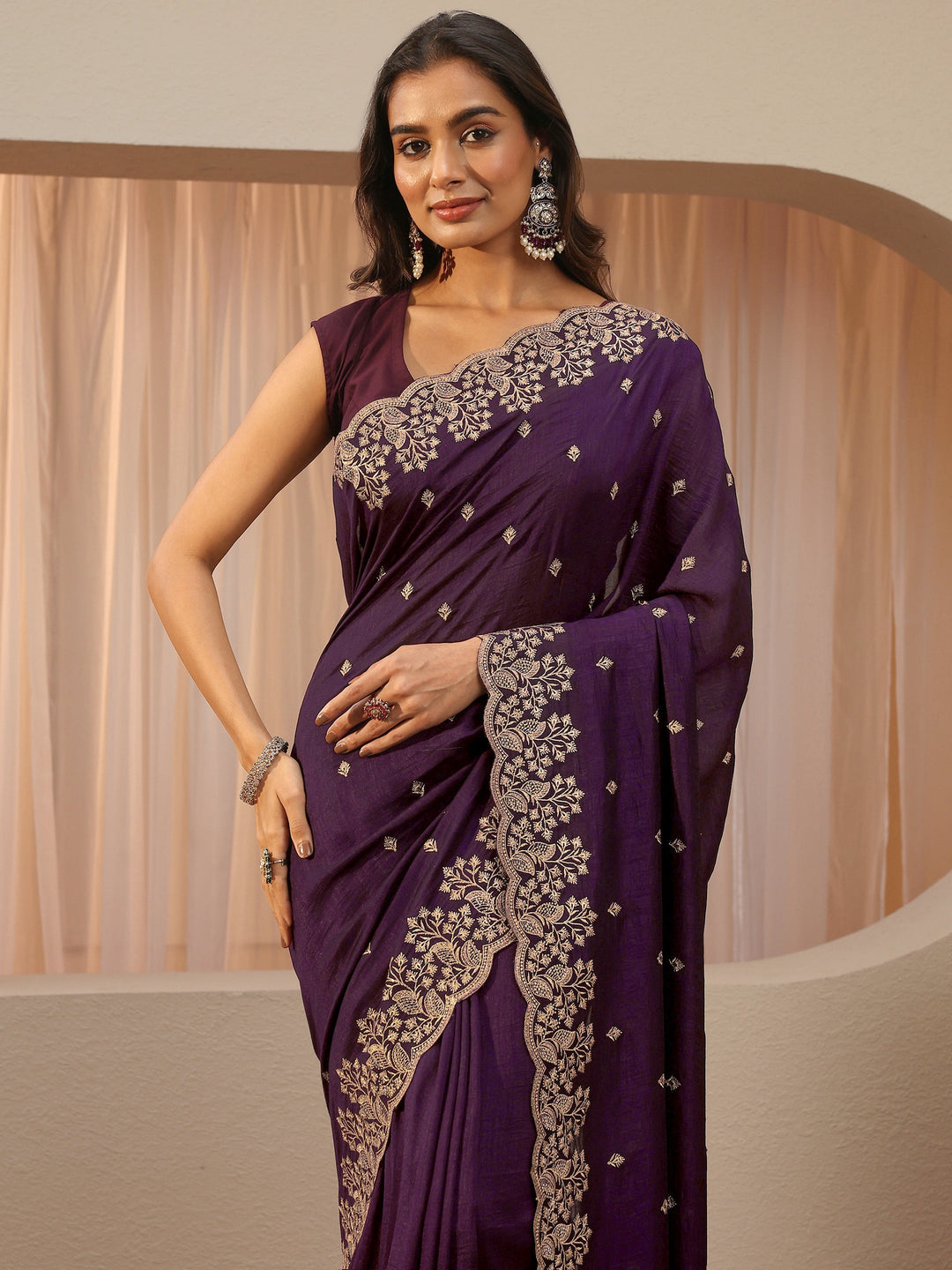 Plum Purple Floral Embroidered Silk Blend Saree