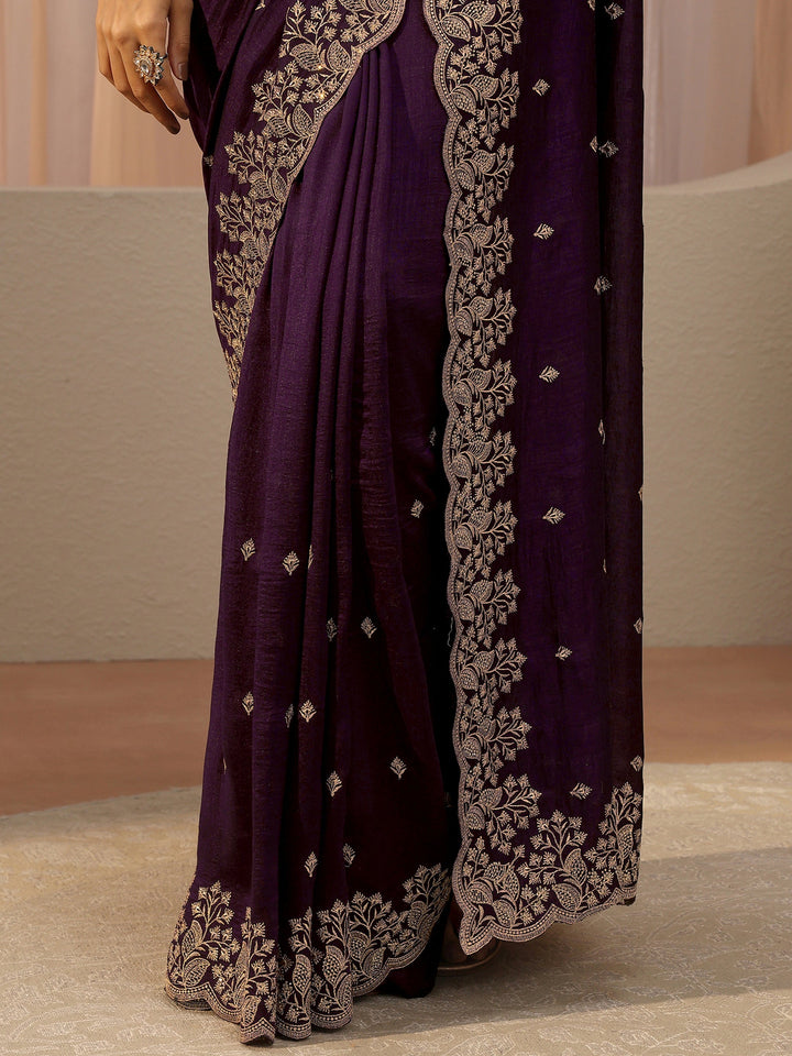 Plum Purple Floral Embroidered Silk Blend Saree