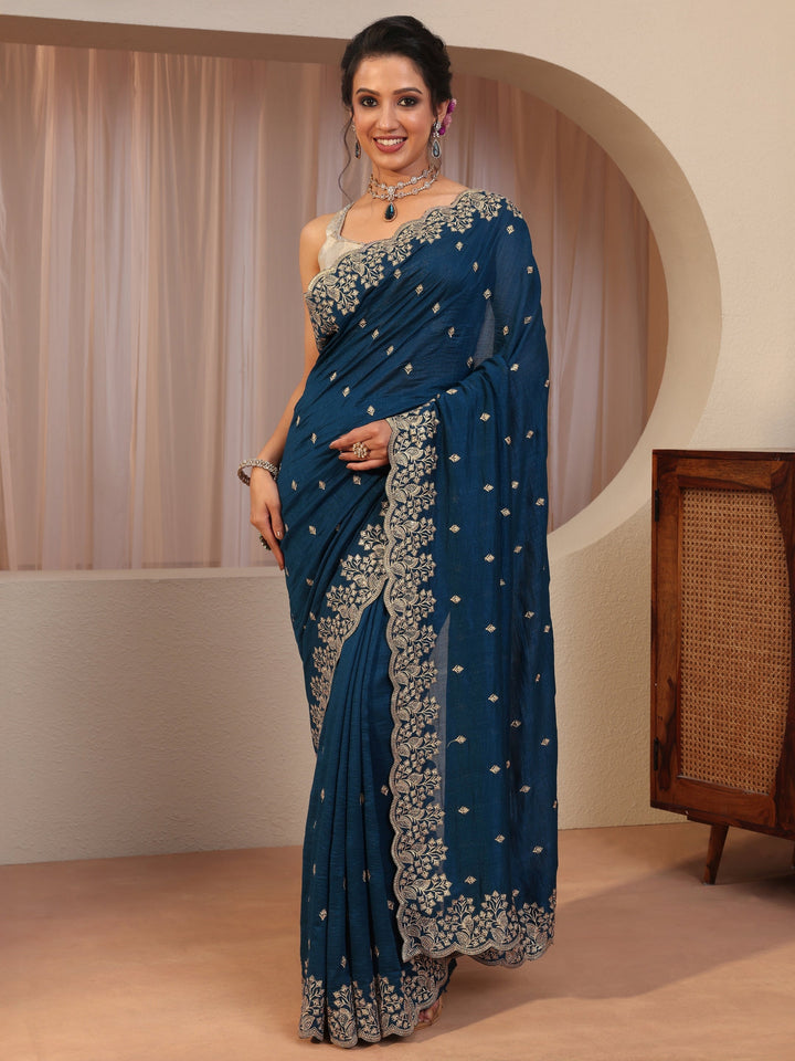 Prussian Blue Embroidered Silk Blend Saree