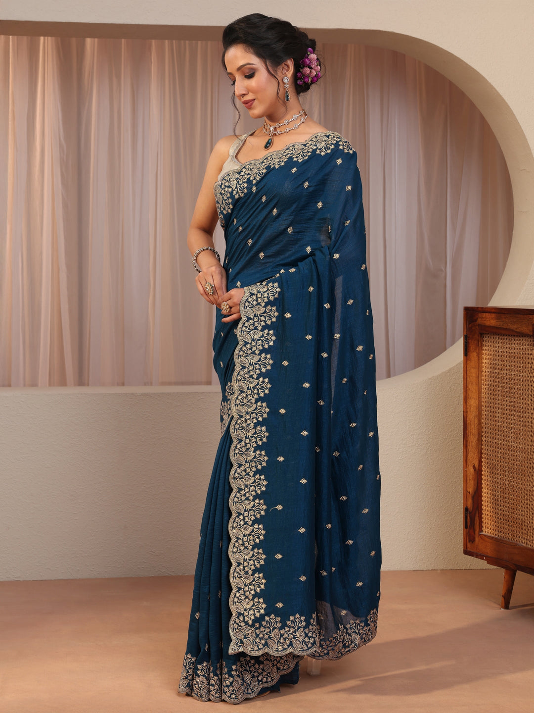Prussian Blue Embroidered Silk Blend Saree
