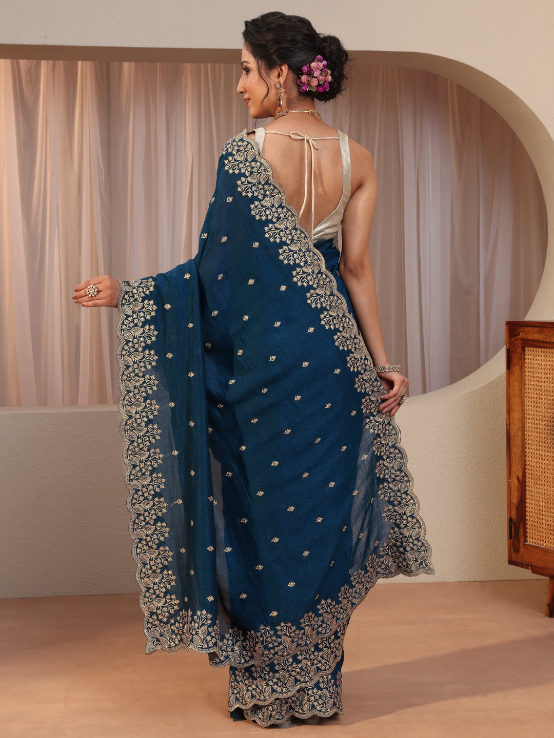 Prussian Blue Embroidered Silk Blend Saree