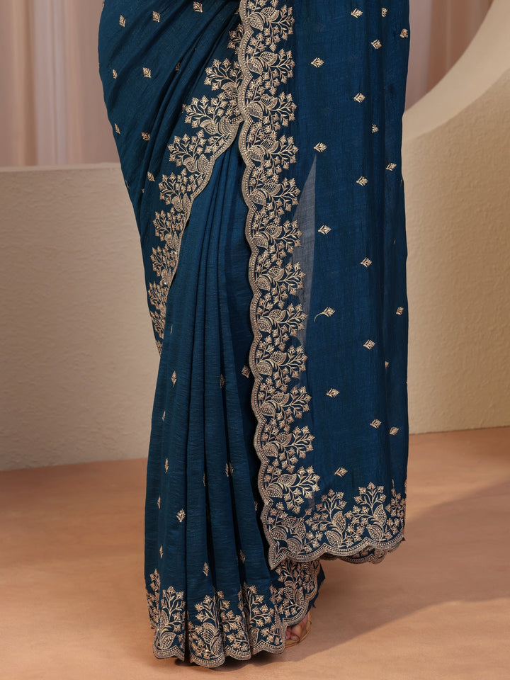 Prussian Blue Embroidered Silk Blend Saree