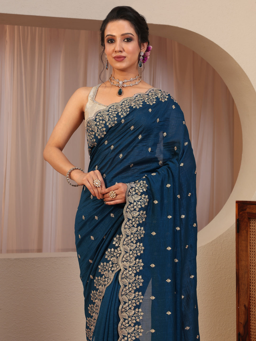Prussian Blue Embroidered Silk Blend Saree