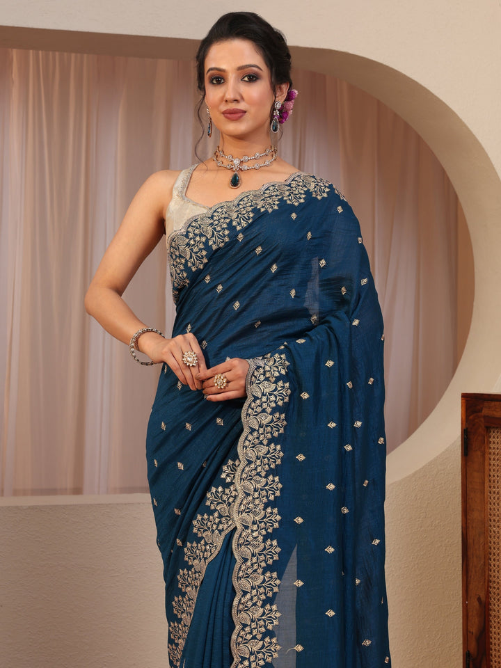 Prussian Blue Embroidered Silk Blend Saree