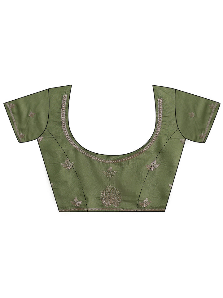 Sage Green Ethnic Embroidered Satin Saree