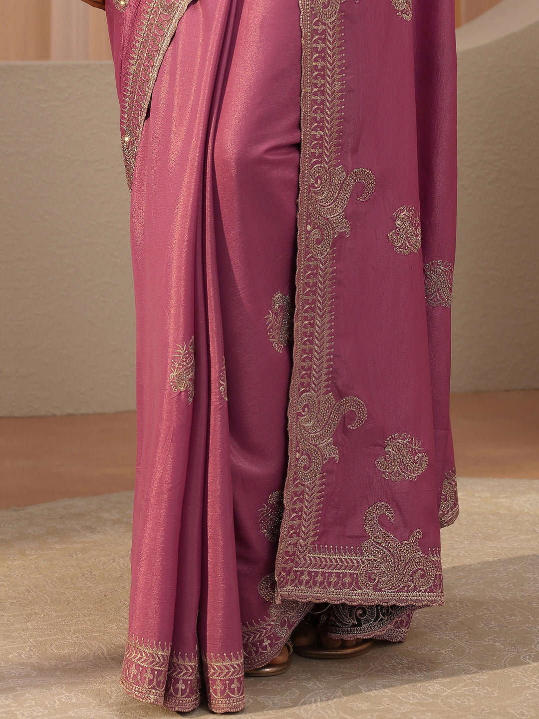 Rose Pink Ethnic Embroidered Satin Saree