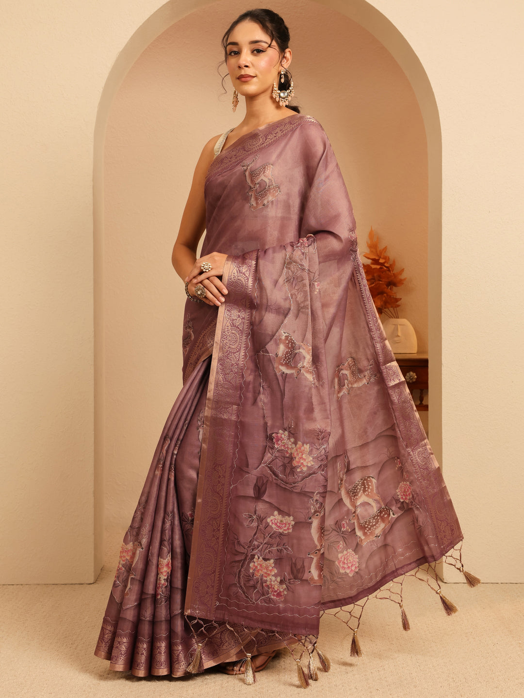 Libas Mauve Floral Printed Silk Blend Saree