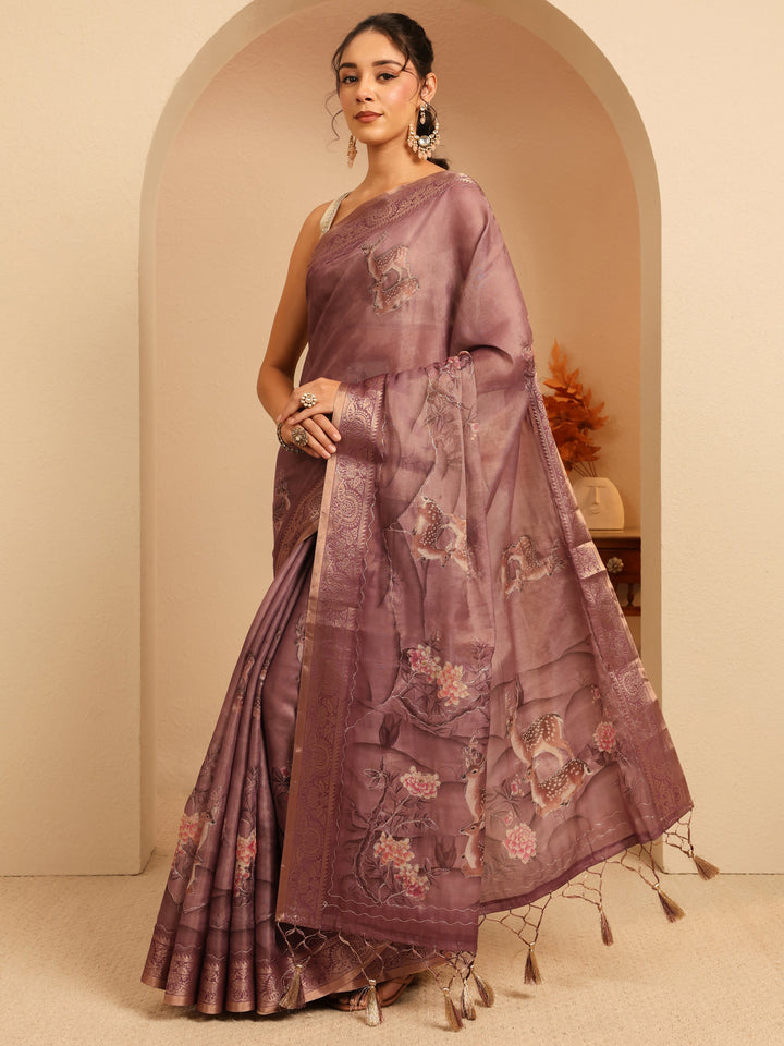 Libas Mauve Floral Printed Silk Blend Saree