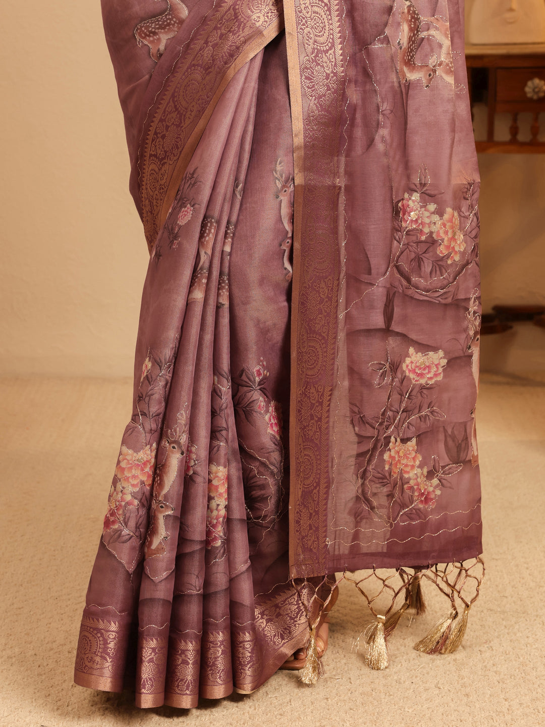 Libas Mauve Floral Printed Silk Blend Saree