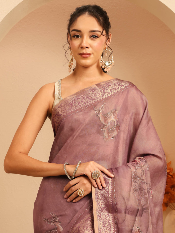Libas Mauve Floral Printed Silk Blend Saree