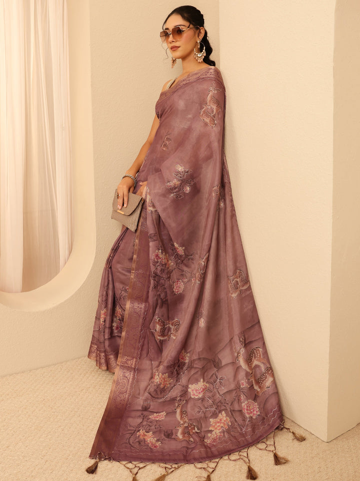 Libas Mauve Floral Printed Silk Blend Saree