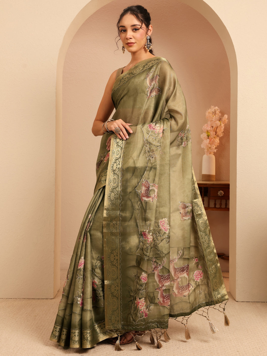 Libas Olive Green Floral Printed Silk Blend Saree