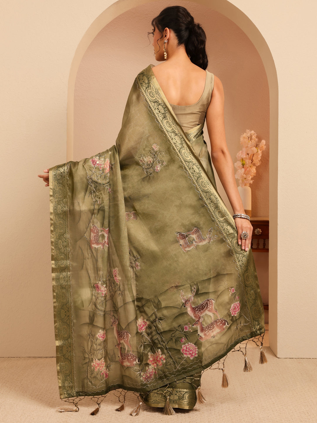 Libas Olive Green Floral Printed Silk Blend Saree