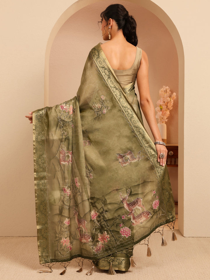 Libas Olive Green Floral Printed Silk Blend Saree