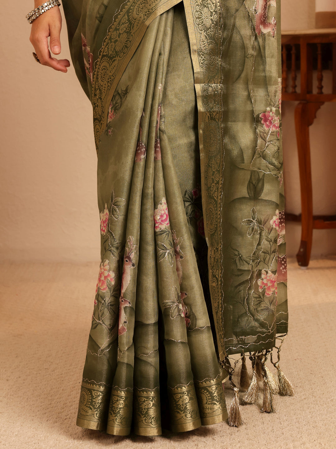 Libas Olive Green Floral Printed Silk Blend Saree