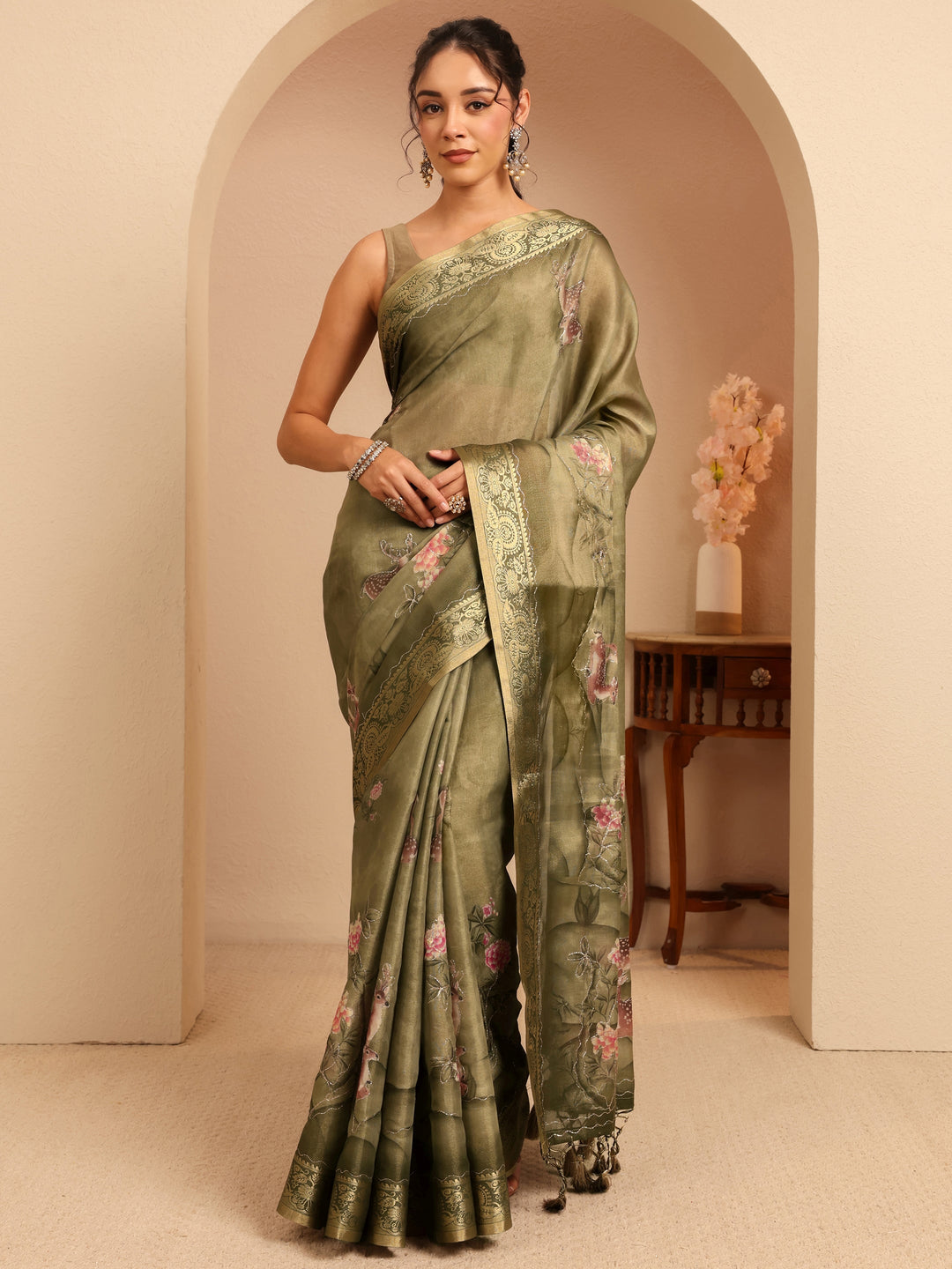 Libas Olive Green Floral Printed Silk Blend Saree