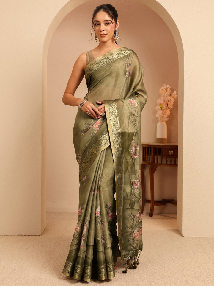 Libas Olive Green Floral Printed Silk Blend Saree