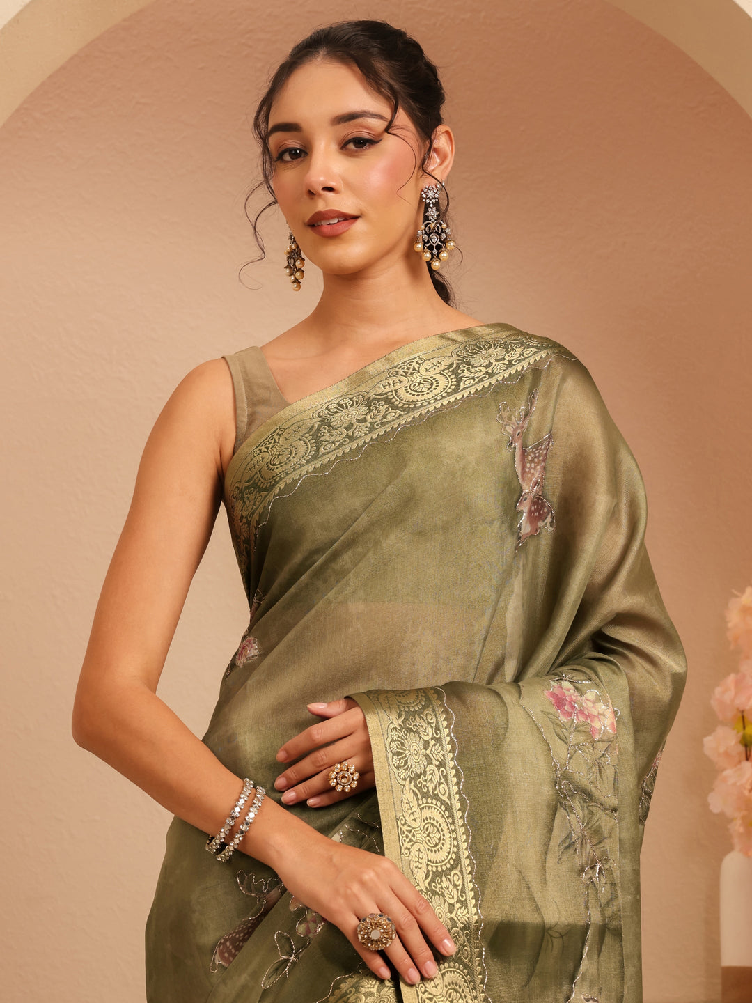 Libas Olive Green Floral Printed Silk Blend Saree
