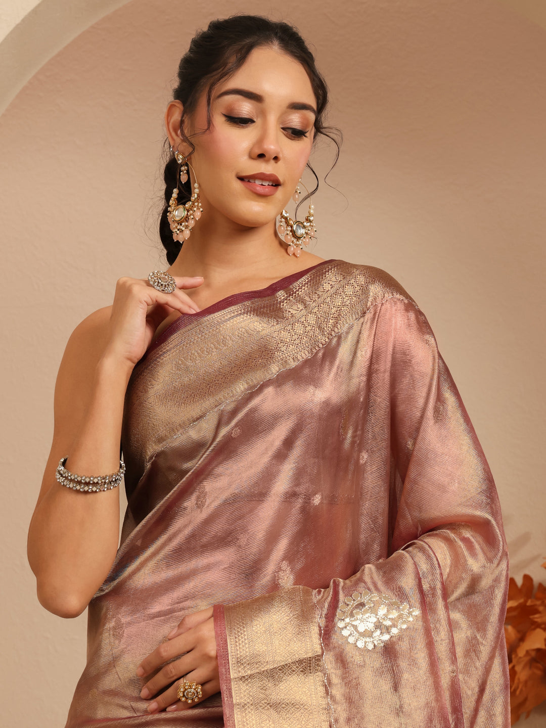 Libas Mauve Floral Woven Design Silk Blend Saree