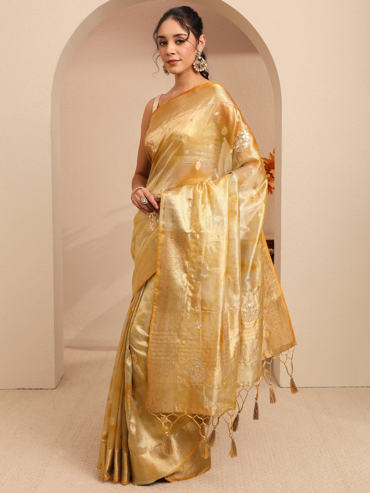 Libas Mustard Floral Woven Design Silk Blend Saree